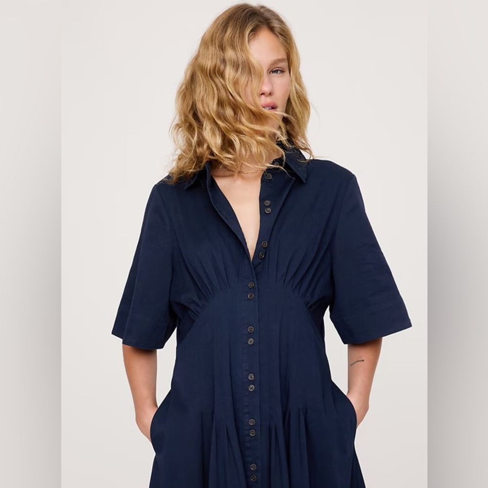 NWT! Banana Republic Navy Stretch-Cotton Poplin Pintuck Long-Midi Shirt Dress - Picture 3 of 8